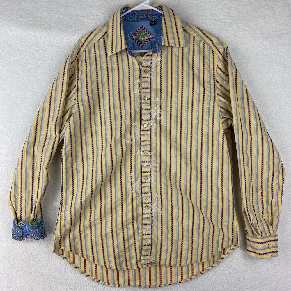 Robert Graham Shirt Mens‎ Size L Yellow Silk Trim Flip Cuff Paisley Button Up